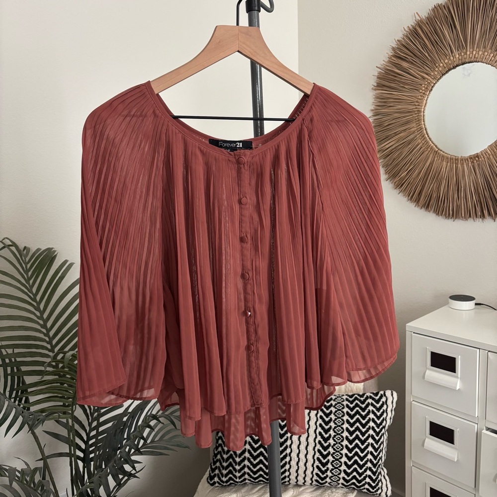 🪴$5/25🪴 f21 terracotta boho pleated chiffon batwing sleeve flowy blouse small